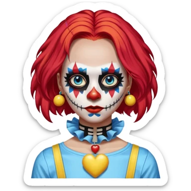 wendy thomas  the clown from gta rp nopixel she has a blue sun on covering right eye with three yellow lines below her right eye and above her left eye. she has long bright red hair and light blue eyes with ablack heart choker and black bunny ears. with a skeleton shirt sticker