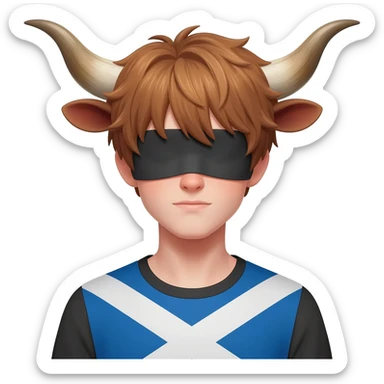 curly femboy with messy light brown bangs covering the eyes with bull horns and bull ears with scottish flag on his shoulders sticker