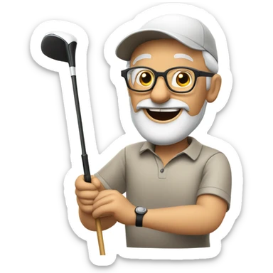Beardless smiling elderly man with in glasses swinging a golf club and wearing a cap sticker
