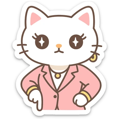 Add hands in the 'periodt' meme pose (one hand on hip, other hand pointing down with attitude), keep the character stylish corporate cat, Hello Kitty inspired, kawaii style. sticker