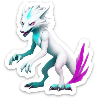 White elegant beautiful natural cute badass epic anthro modern albino sergal-vernid-Fakémon with cyan mane and magenta eyes with cyan edgy stripes, anthropomorphic, two-legged, digitigrade, full body sticker