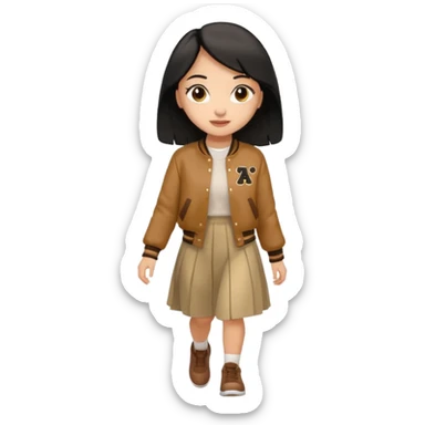  light skin, black cololong hair girl with brown varsity jacket and long skirt walking  sticker