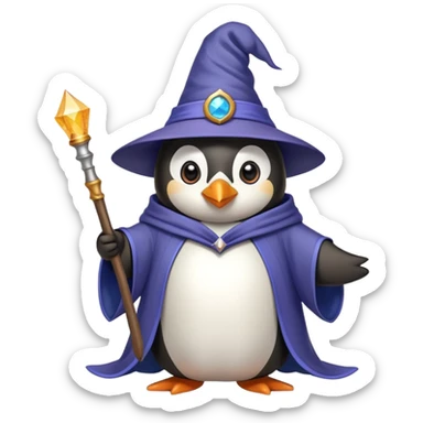Penguin wearing wizard hat and robe holding a magic wand sticker