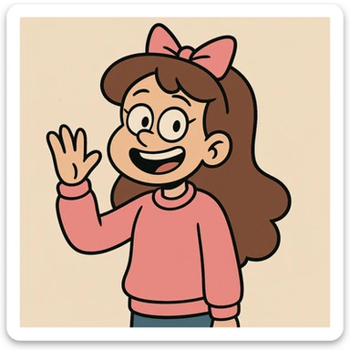 a happy girl waving, dressed in a pink sweatshirt, with a bow on her head, cartoon style sticker