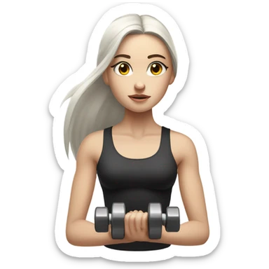 Pale girl with long black hair lifting weights sticker