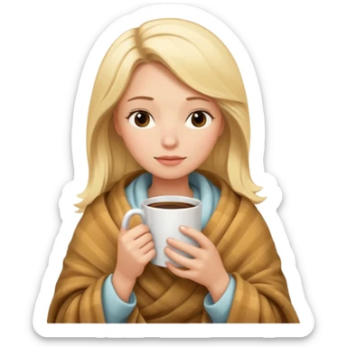 blonde woman cozy in a blanket, holding a coffee mug, eyes gently shut, peaceful emoji style sticker