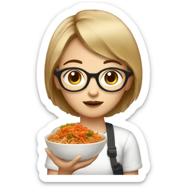 A girl with short hair and glasses eating Kimchi fried rice with extra kimchi on top sticker