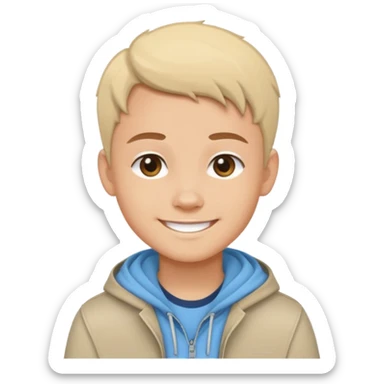 Cartoon avatar sticker of a young person, friendly smile, modern outfit, clean vector illustration, thick outline, flat colors, simple background, sticker style, high quality, transparent background sticker