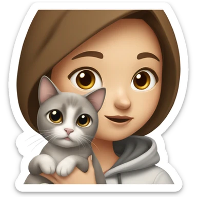 girl with brown hair and freckles, wearing a hoodie, holding a Siamese cat that is white and gray sticker