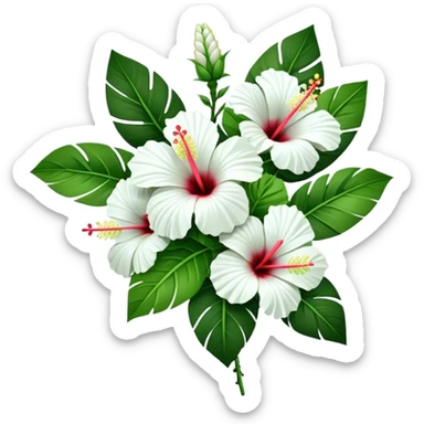 bouquet white Hawaiian hibiscus, luxuriant, stem, leaf, bud sticker