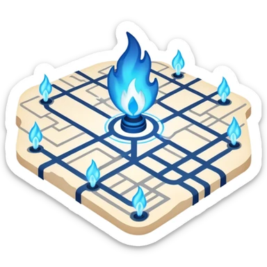 a map with a glowing blue flame on the x and networking paths sticker