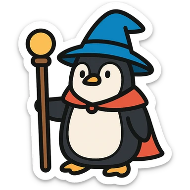 color outline icon of a penguin wizard holding a staff sticker