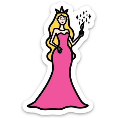 Glinda from Wicked musical, blonde witch with tiara, pink dress and magic wand sticker