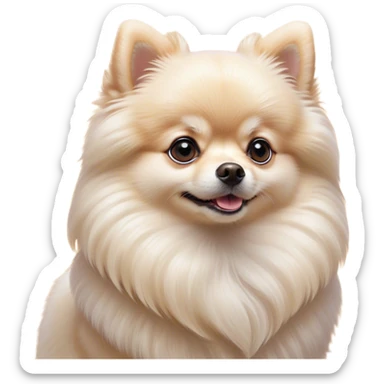 Cinematic Cute Cream Pomeranian Portrait Emoji, Head tilted playfully and inquisitively, featuring a luxurious, fluffy cream Fur with a natural sheen, round, sparkling dark eyes filled with curiosity, Simplified yet irresistibly adorable features, highly detailed, glowing with a warm, friendly glow, high shine, affectionate and lively, stylized with a touch of whimsy, bright and endearing, soft glowing outline, capturing the essence of a mischievous yet loving pup, so playful it feels like it could scamper out of the screen and into your arms! sticker