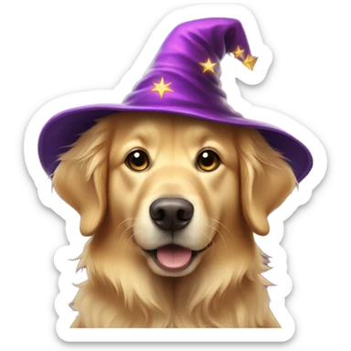 Golden retriever wearing a wizard hat sticker