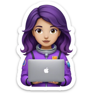 girl astronaut with purple suit, long ombre black/brown wavy hair and one macbook sticker