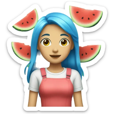 A girl with BLUE hair and a watermelon  sticker