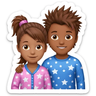 4 year old brown spikey haired boy with blue pajamas with stars on them and a 1 year old brown haired pony tail girl with pink pajamas, and stars on them with light skin. Top left on, can you make them smile more?  sticker