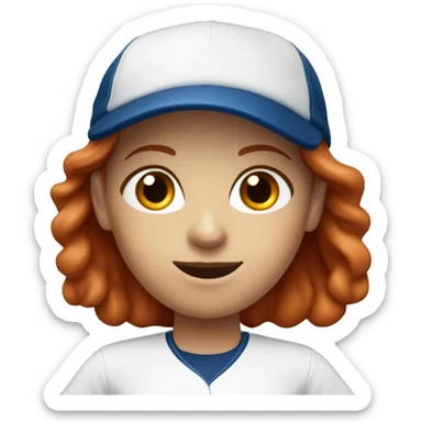 a standing white female coach with long red hair, wearing a white t-shirt and a simple blue baseball hat, in a friendly and confident pose sticker
