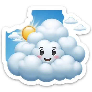 Cinematic Realistic Cumulus Emoji, Big and puffy, with cotton-like clouds floating in the clear blue sky. The rounded tops of the clouds glow with the light of the sun, while their soft, white texture adds a sense of calm and spaciousness. Soft glowing outline, capturing the essence of warmth, comfort, and peaceful skies in a perfect cumulus cloud! sticker