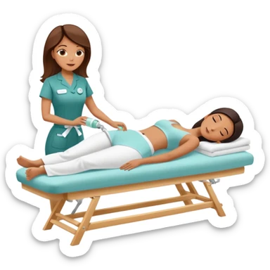 Emoji of a woman lying down on a spa bed while another woman in spa uniform applies a cavitation fat-burning treatment on her abdomen,  sticker