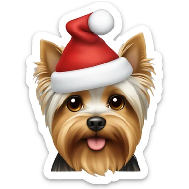 White and brown yorkie with red Christmas hat sticker