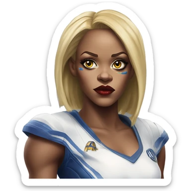 Warcraft soccer Rihanna in Marvel Avengers style, oil paint, mysterious eyes, intricate lips, masterpiece pose, odd perspective, beautiful, desirable, logical sticker