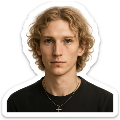 face of a white man, slim face, mildly hollow cheeks, blue eyes, semi long blond curly hair, wearing a chain with a cross, portrait, no background sticker