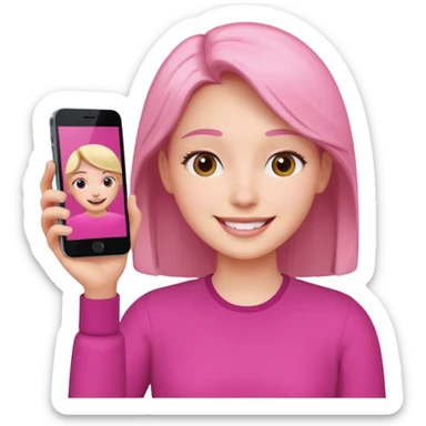 pink video call between one person holding the phone with a person on the phone screen sticker