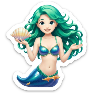 portrait of a mermaid with long flowing sea-green hair, shimmering blue-scaled tail, shell bra, holding a pearl in one hand, smiling softly, front-facing, surrounded by glowing sea particles, fantasy style sticker