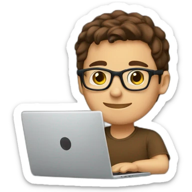 young male causcasian designer, brown hair, tortoise square eyeglasses,  working on laptop sticker