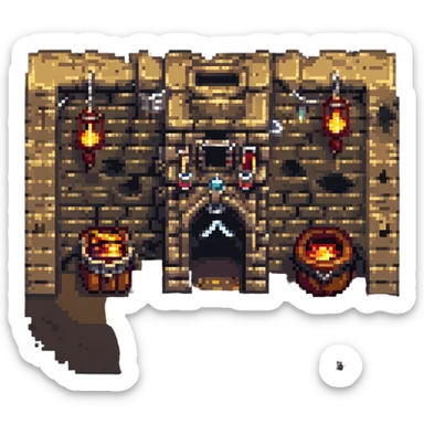 dungeon level with torches and treasure chests in pixel art style sticker