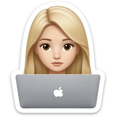 Blonde balayage straight long Hair, small brown almond eyes, small lips, oval face, it girl with macbook sticker