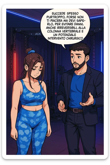 fai questa immagine in versione fumetto/manga/webtoon a colori, il manga mostra l'uomo che risponde alla donne:
Succede spesso purtroppo. 
Forse non ti piacerà ma devi saperlo, per evitare danni, anche irreversibili, alla colonna vertebrale e un potenziale intervento chirurgico. sticker