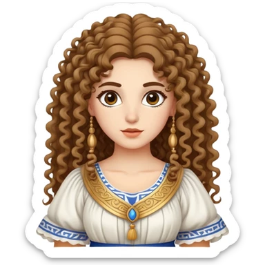 Beautiful Greek character with long puffy curly hair wearing cute traditional Greek clothing sticker