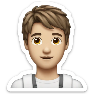 yung man with side bangs, short and brown hair, blue eyes, bunny ears sticker