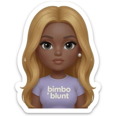 doll body , dark brown eyebrows, dark skin girl, pearl earring stud, Long giant lashes, bimbo, black doll eyes, barbie, dark brown skin, with honey blonde hair, big breast, t shirt says “bimbo blunt” sticker