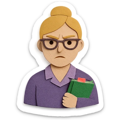 strict and fair senior category math teacher, blonde woman with glasses, paper craft style sticker