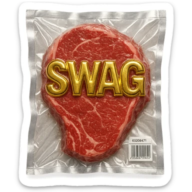 juicy steak with shiny gold 'SWAG' text across the surface, shiny and inflated vacuum-sealed style sticker