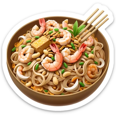 Cinematic Realistic Pad Thai Dish Emoji, depicted as stir-fried rice noodles with shrimp, tofu, peanuts, and bean sprouts rendered with vibrant textures and dynamic, appetizing lighting. sticker
