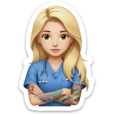 blonde girl with long hair and arm tattoos in scrubs sticker