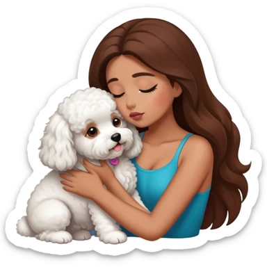 Tanned girl with long brown hair kissing a bichon sticker