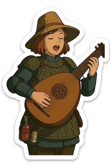 A female bard wearing brigandine armor with a sturdy straw hat, playing a fat medieval lute and singing, night time shadows, tool belt with red potion and bandages, portrait  sticker