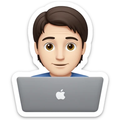 A white brunette man in his mid 20s, middle part average dude with slightly droopy eyes, happy, using a MacBook (no logo), hero for an iOS developers website sticker