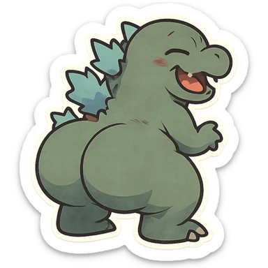 Godzilla with a huge, exaggerated rear, humorous and cartoonish style, playful and funny, lighthearted and silly, fun and whimsical sticker