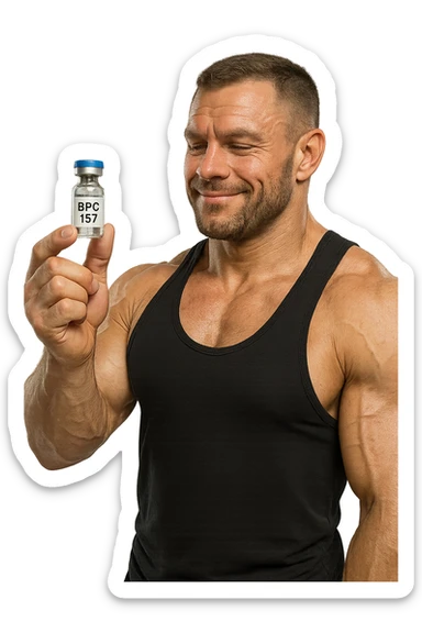 BODYBUILDER A FIGURA INTERA CHE TIENE IN MANO UNA FIALA MEDICA CON la scritta "BPC 157" SULL'ETICHETTA E LA GUARDA SODDISFATTO, iperrealistico 4k sticker