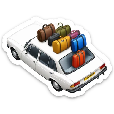 a white peugeot 504 with colorful luggage on the roof sticker