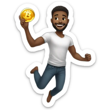 A young black man with beards jumping up with joy while holding a bitcoin in his hand sticker
