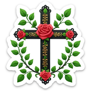 Ein christen kreuz schön verziert mit Rosen ranken aber nur in schwarz als Emoji sticker