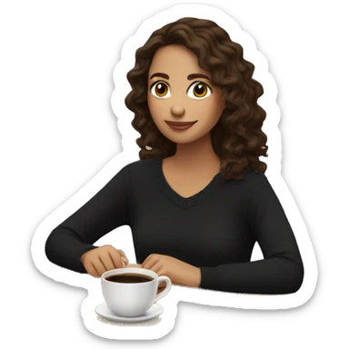 Brunette girl with wavy hair wearing black sweater with opened shoulders sitting with cup of coffee sticker